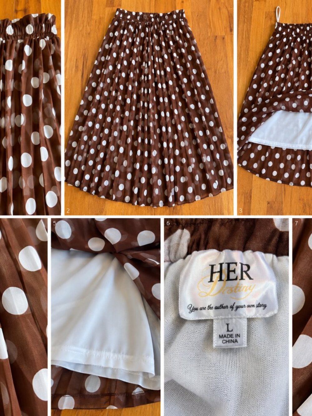 HER Destiny Brown White Polka Dot Pleated Midi Skirt Women's Large Lined